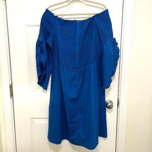 Ashley Stewart Womens Off-Shoulder Smocked‎ Cotton Dress 2X Blue Ruffle Sleeve